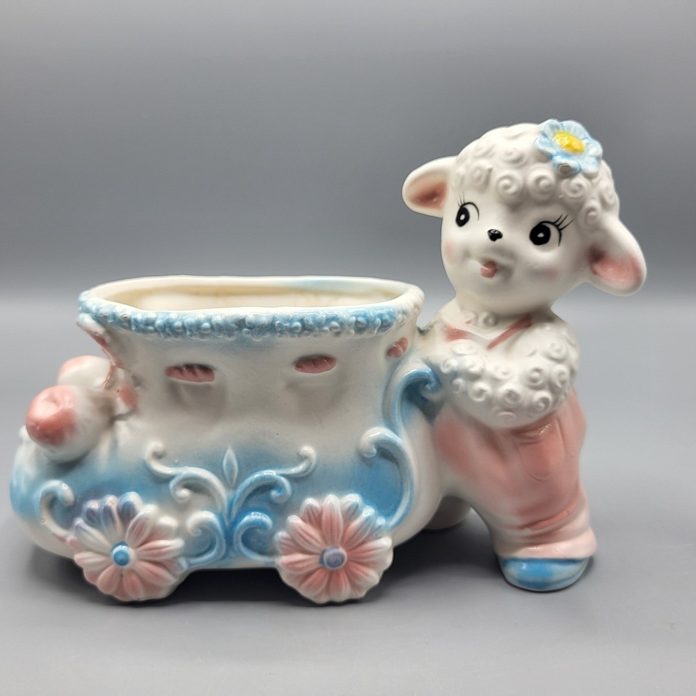 Vintage Anthropomorphic Lamb Carriage Planter Nursery Ceramic Pastel Pink Blue